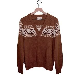 VNTG FOTRAMA cozy brown fair isle design cabin core alpaca wool v neck sweater L